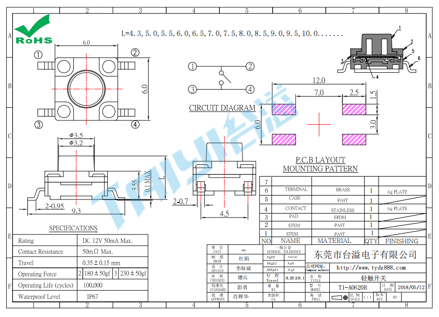 6.2*6.2防水輕觸開關(guān)T1-A0620B