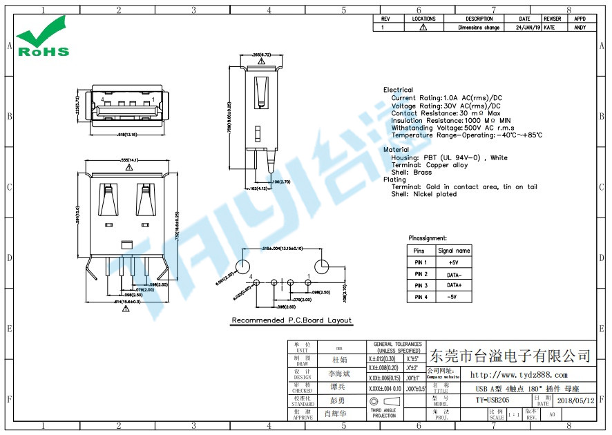205 USB A型 4觸點(diǎn) 180°插件 母座