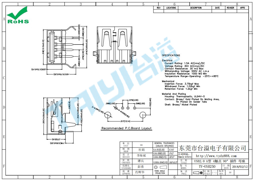 250 USB2.0 A型 4觸點 90°插件 母座