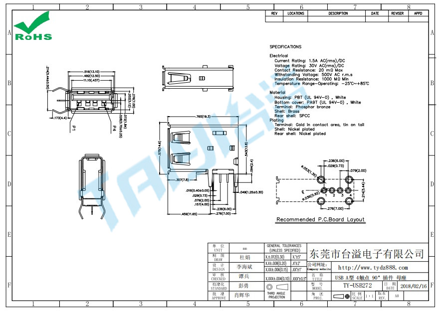 272 USB A型 4觸點 90°插件 母座