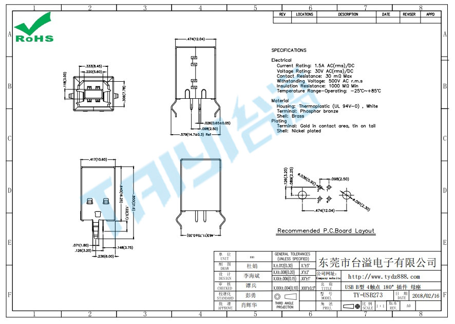 273 USB B型 4觸點(diǎn) 180°插件 母座