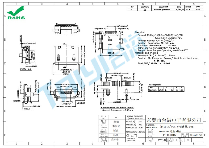 407 Micro USB 母座 5觸點