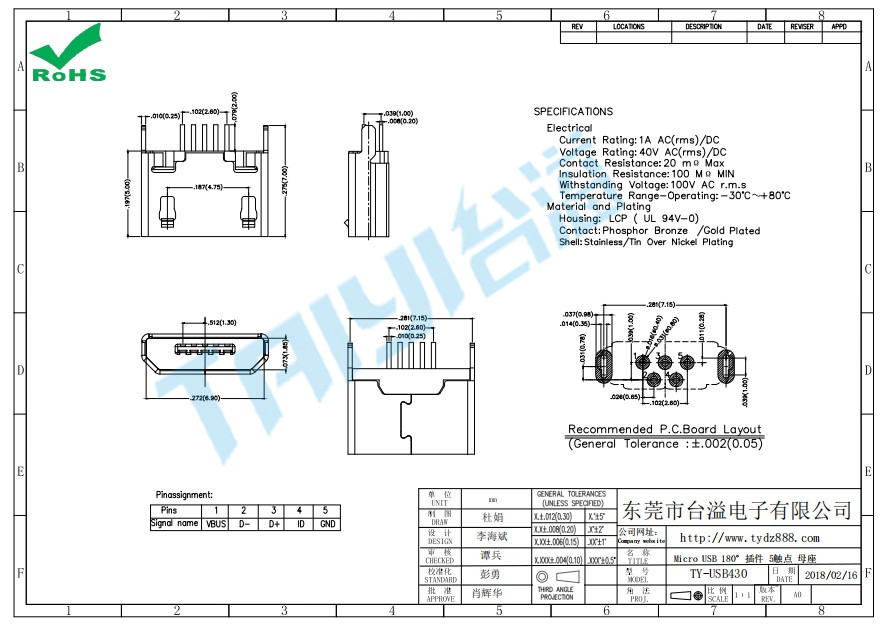 430 Micro USB 180°插件 5觸點 母座
