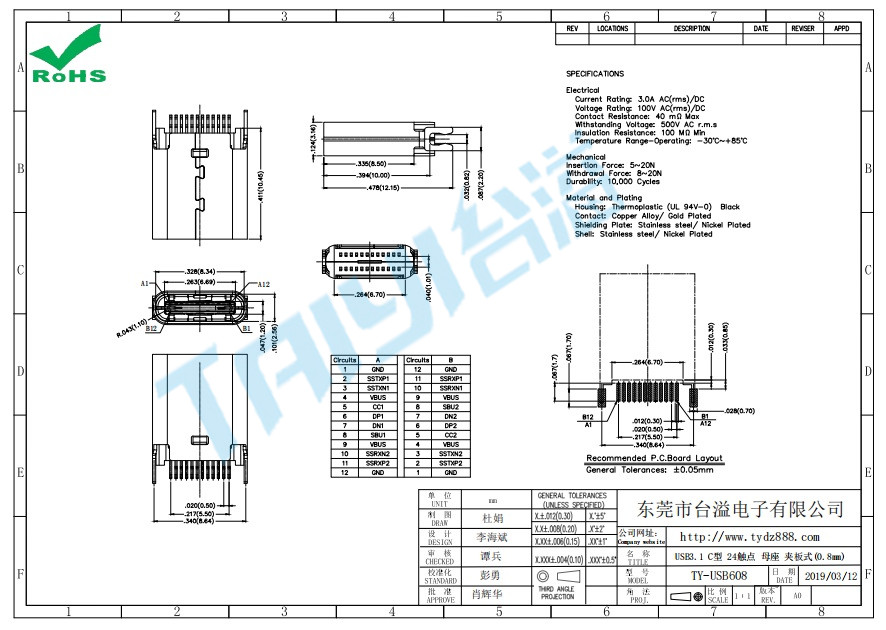 608 USB3.1 C型 24觸點 母座 夾板式(0.8mm)