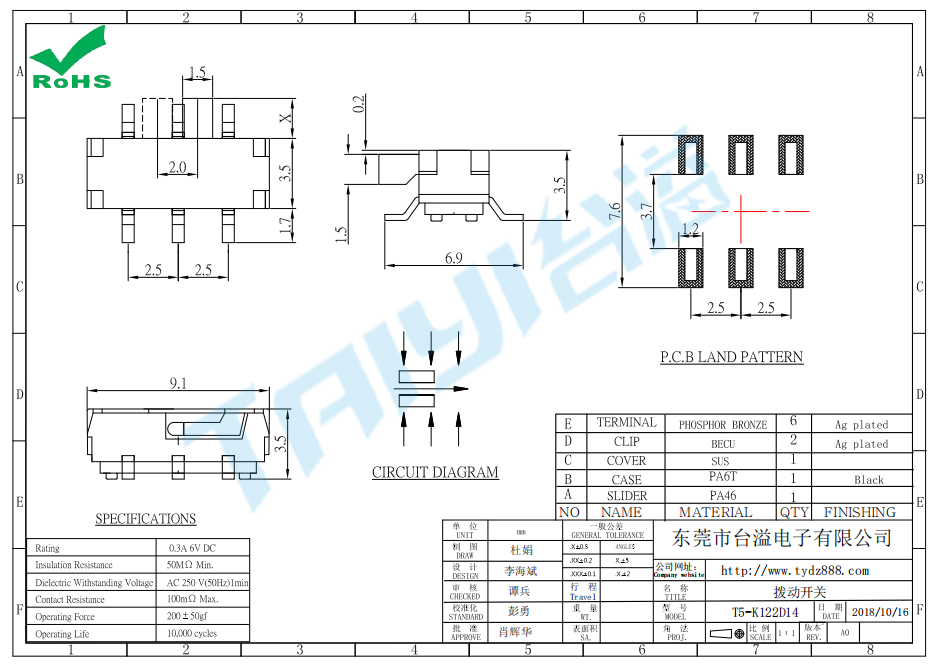 mini撥動開關(guān)T5-K22D14