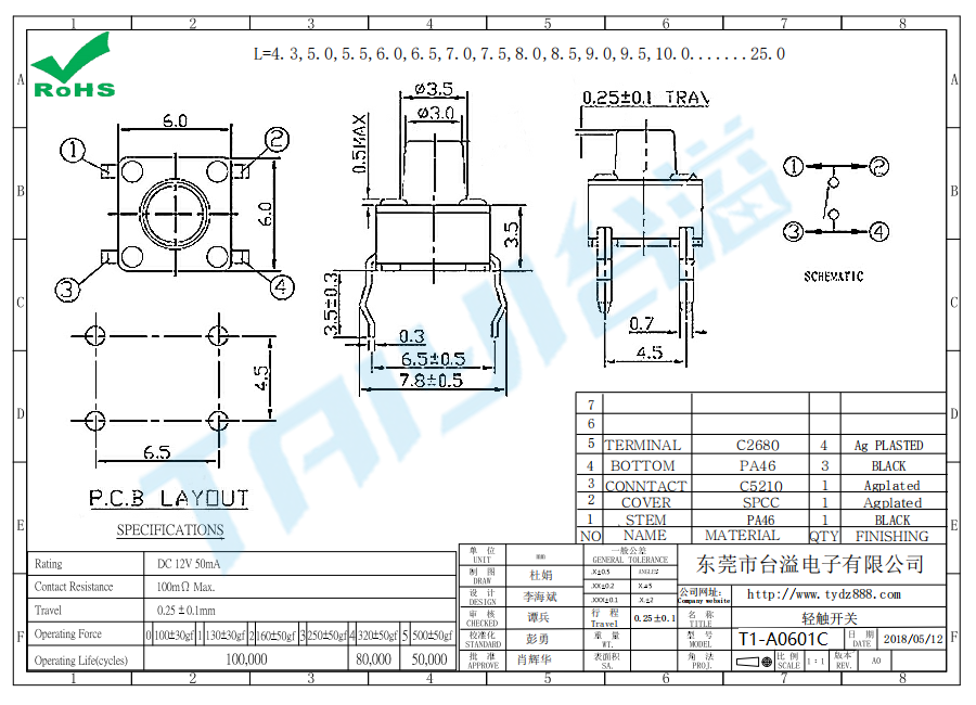 6*6 輕觸開關(guān)T1-A0601C