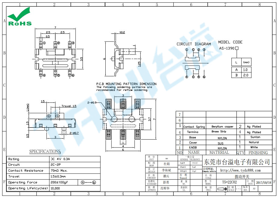 mini撥動開關(guān)T5-22C02