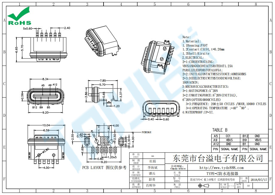 防水TYPE-C 板上6P貼片母座 后兩腳帶柱